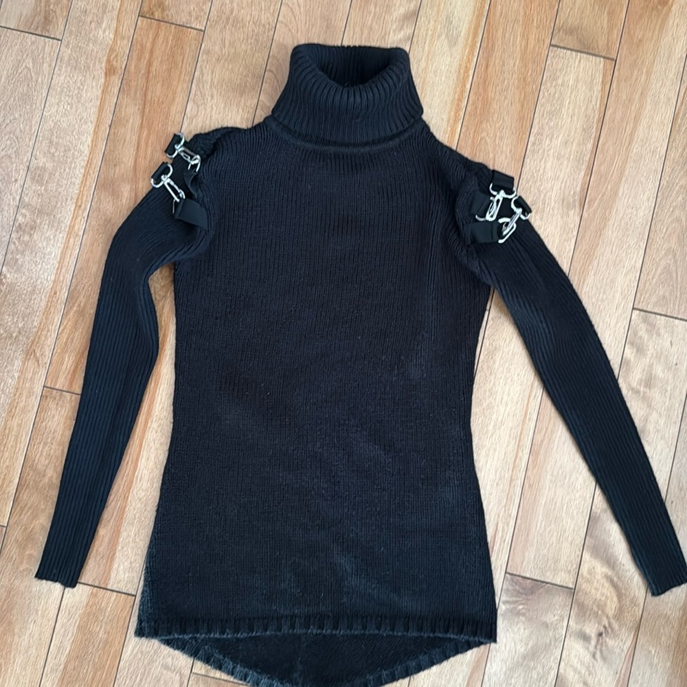 Killstar black knit sweater with funky upper arm clasps EUC medium turtleneck